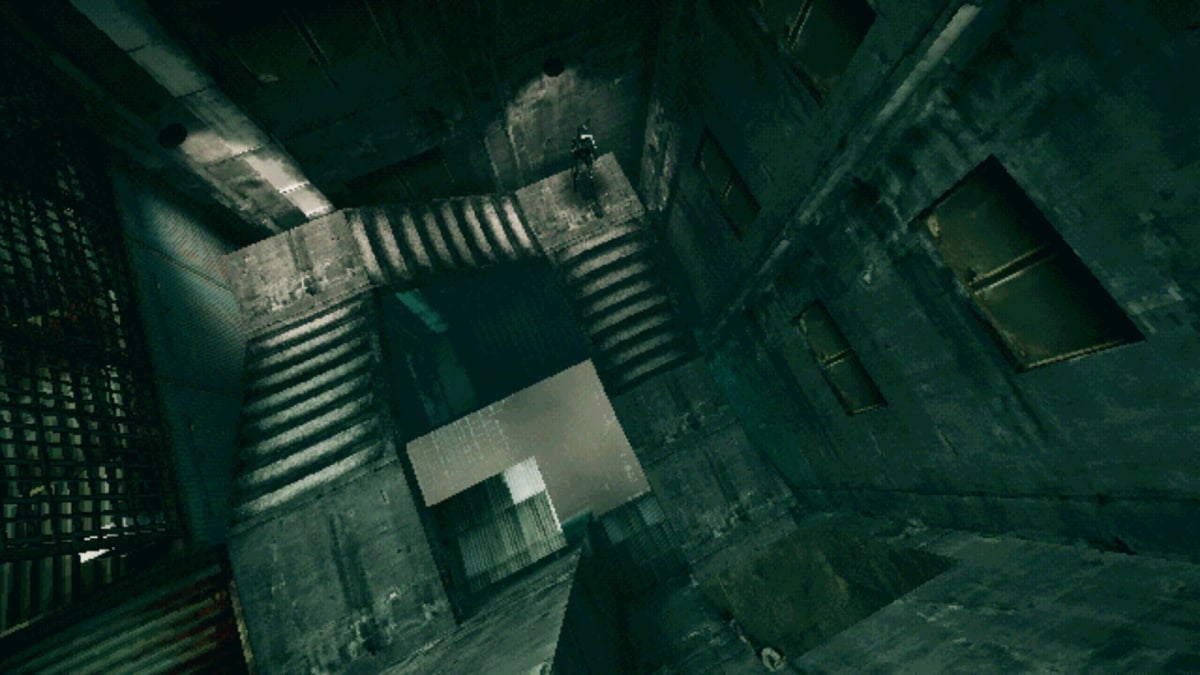 An aerial view of a winding staircase in Sukeban Games' .45 Parabellum Bloodhound