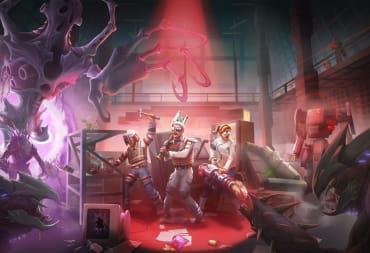 Key art for Abiotic Factor, depicting three terrified scientists surrounded by cosmic horrors