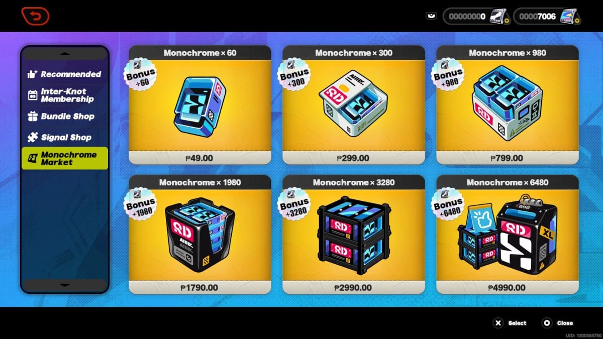 The Monochrome Market screen, showing each package that can be bought.