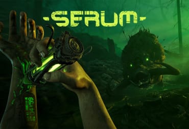 An arm being injected with a substance while a boar with green eyes charges.
