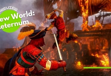 The player character braces themself against an enemy in New World: Aeternum